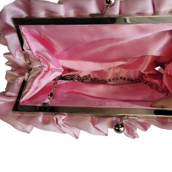 Pink Satin Ruffle Evening Clutch Purse - Picture 2 of 11